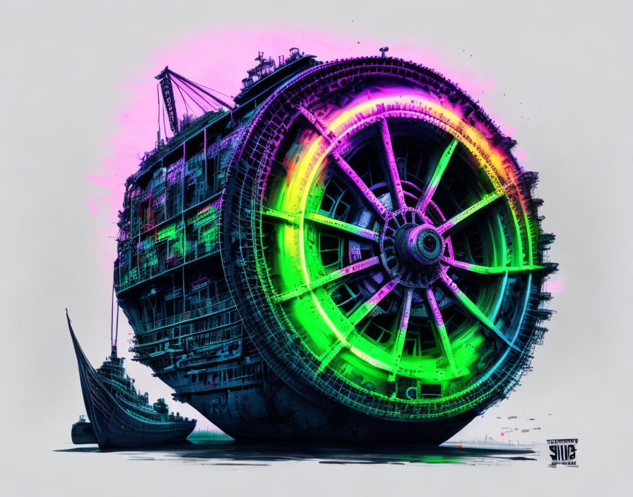 Futuristic ship and neon Ferris wheel beside classic sailboat on pale backdrop