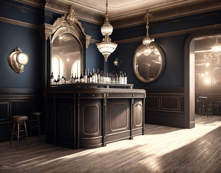 Vintage Barroom with Dark Wood Paneling and Ornate Gold Mirrors