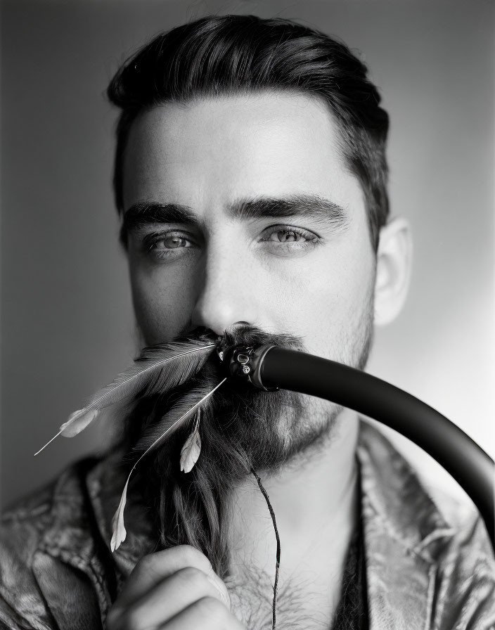 Monochrome portrait of man with styled beard holding feather in mouth