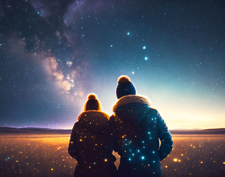 Pair in Winter Outfits Gazing at Starry Field