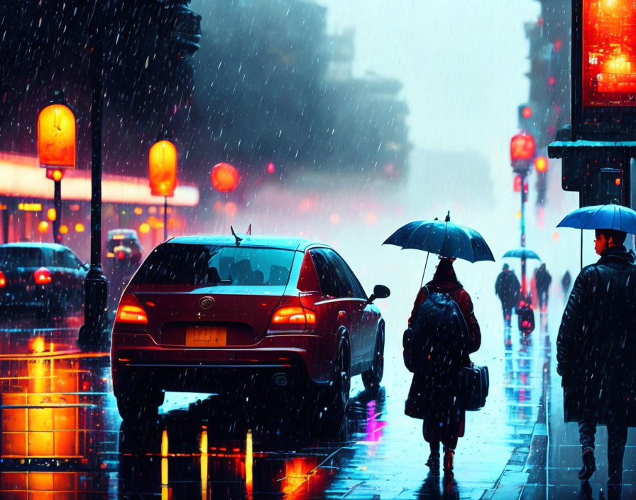 Rainy city street with people and neon signs on wet pavement