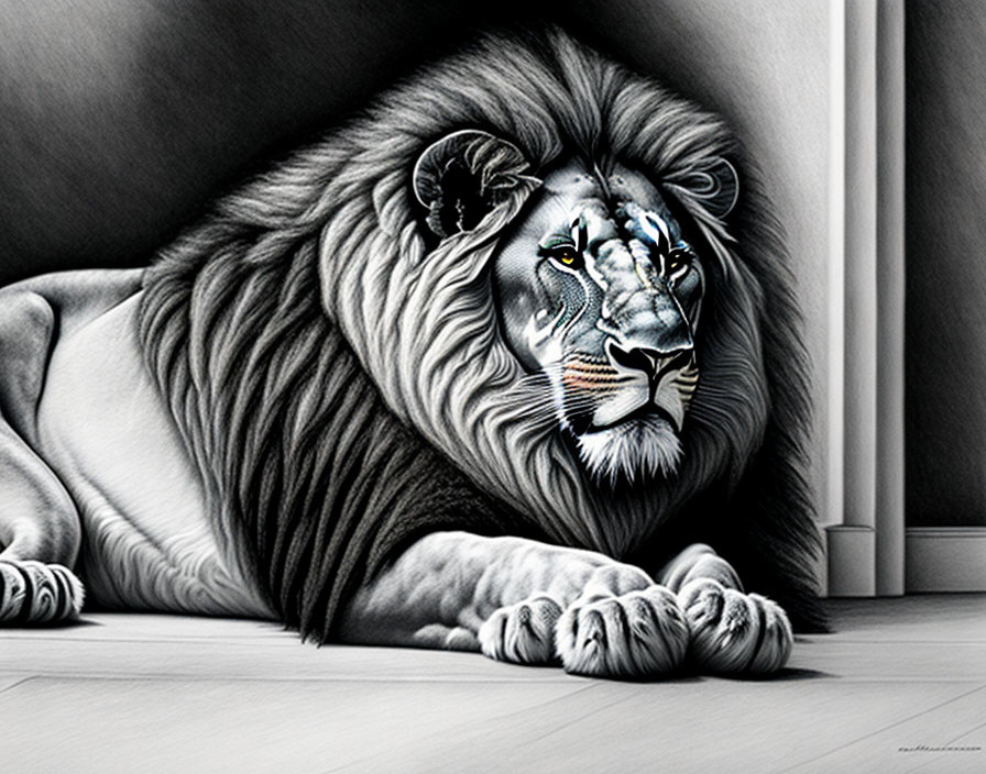 Realistic black and white lion illustration with intense gaze and detailed mane