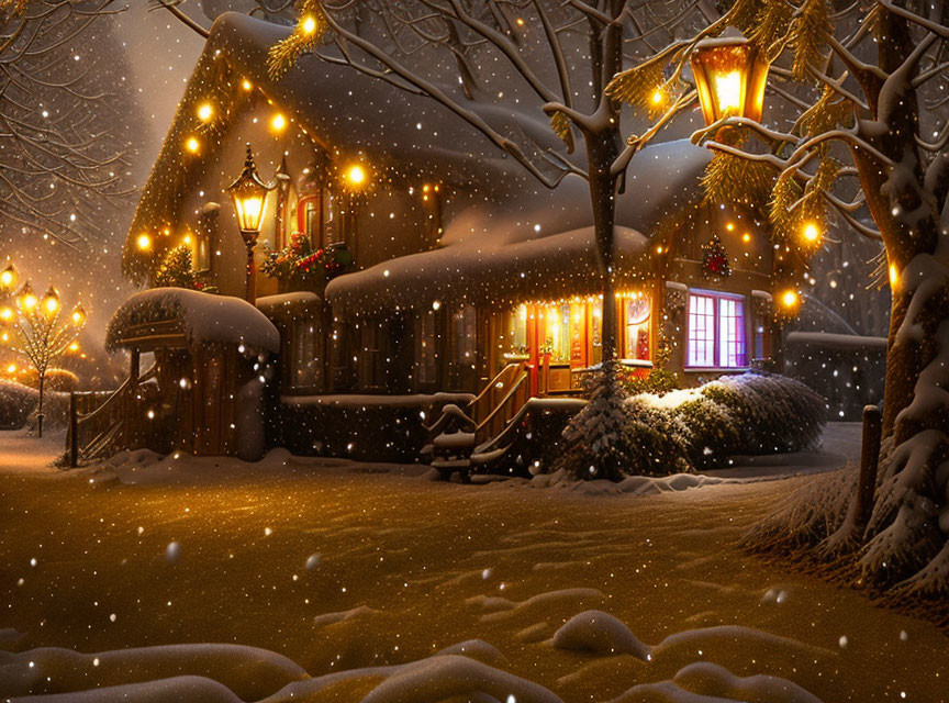 Snow-covered cottage with glowing lights in peaceful winter night