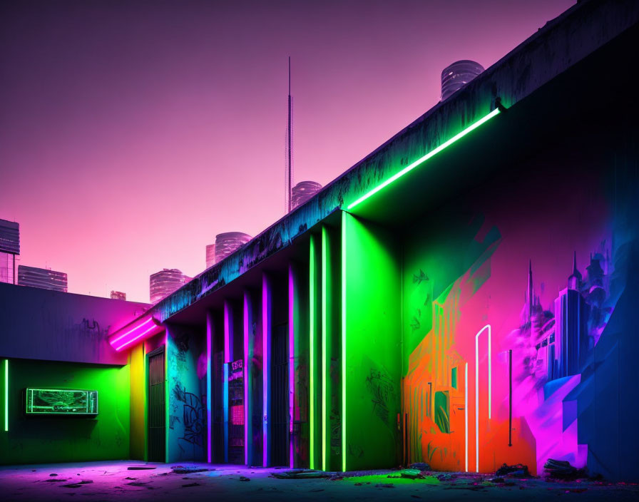 Colorful neon lights illuminate futuristic cityscape with graffiti art