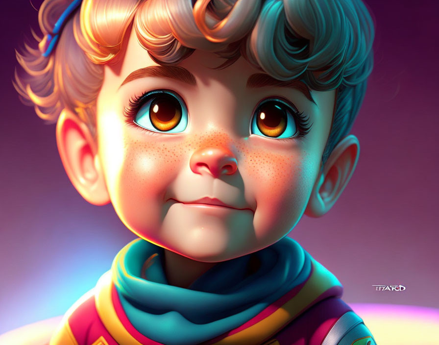 Child with Sparkling Brown Eyes and Curly Hair in Colorful Scarf Illustration