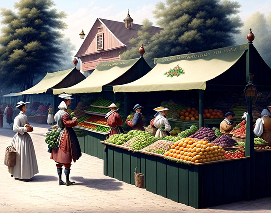 Traditional Market Scene with People in Historical Clothing and Wooden Stalls