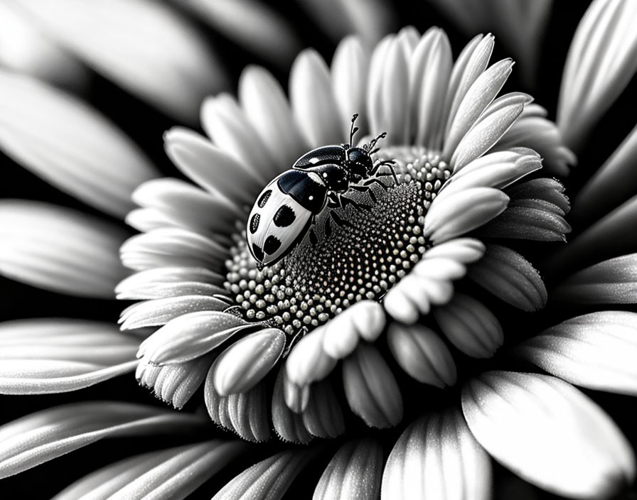 Monochrome photo: Ladybug on daisy petals, showcasing textures and patterns