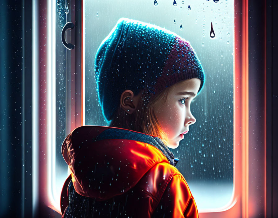 Child in Blue Beanie and Red Jacket Staring Out Rainy Window