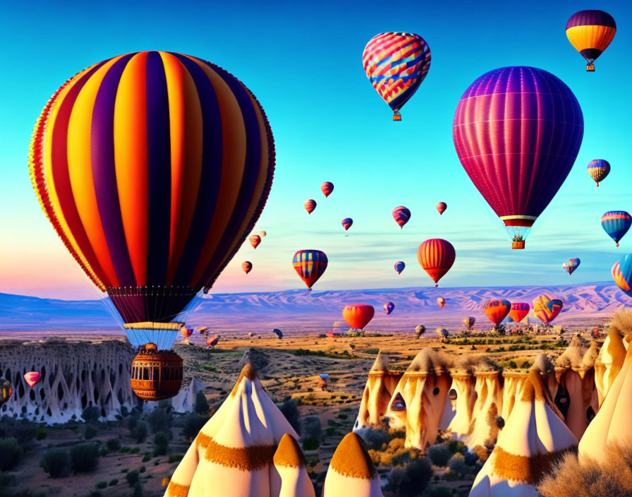 Vibrant hot air balloons over scenic rock formations at dawn