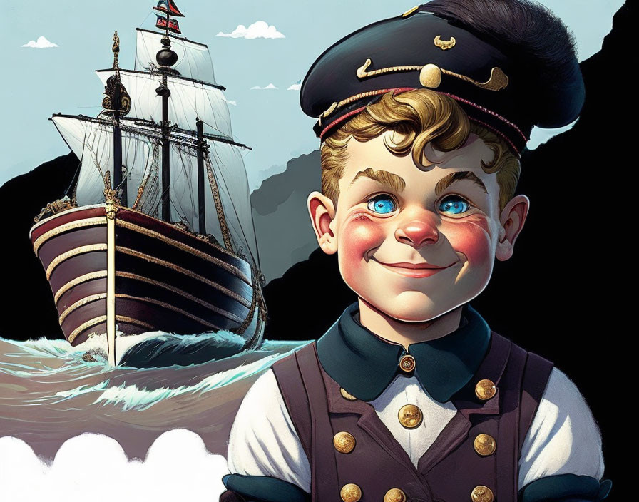 Vintage naval uniform boy illustration with sailing ship on sea.