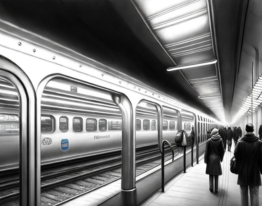Monochrome sketch of people waiting on a metro station platform with futuristic train design.