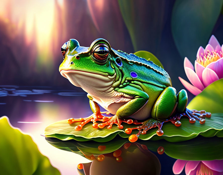 Colorful Illustration: Green Frog on Lily Pad with Water Droplets