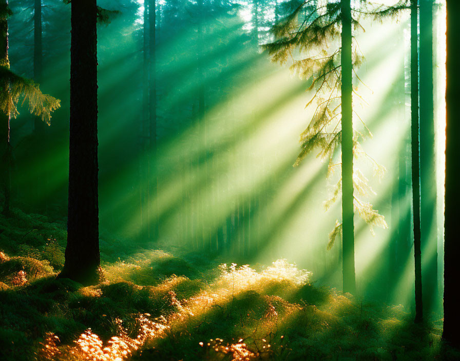 Misty forest with sunbeams and vibrant green foliage