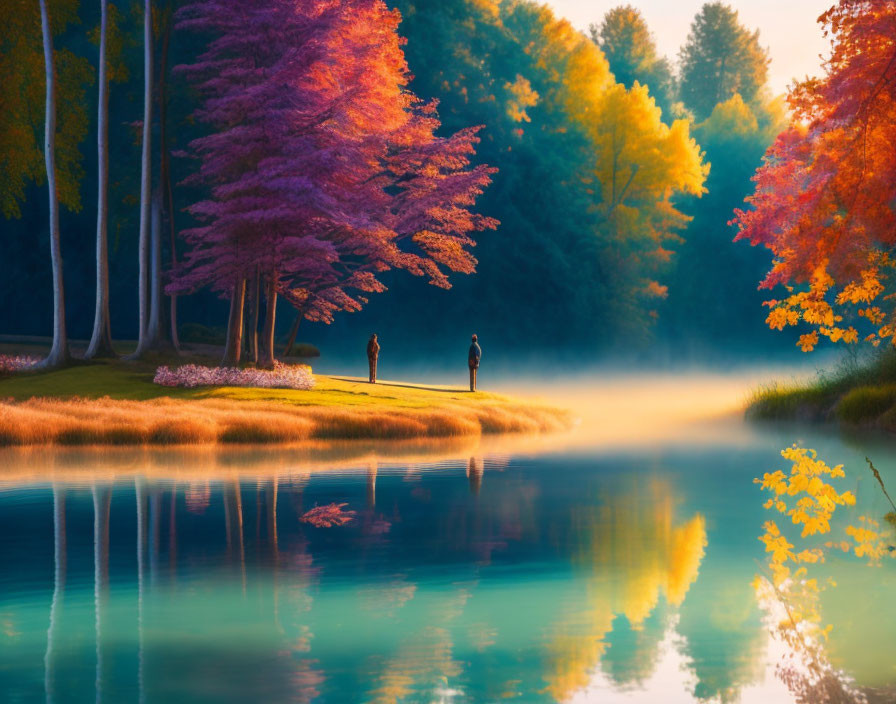 Tranquil autumn lake scene with misty atmosphere and distant figures