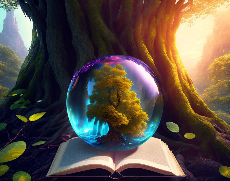 Crystal ball on open book with tree in mystical forest