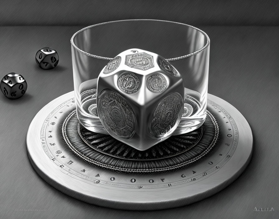 Monochromatic image of metallic dice in glass with ornate designs