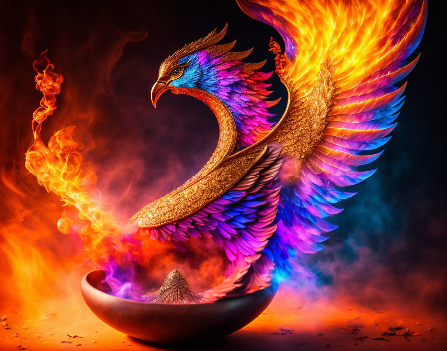 Colorful Phoenix Artwork with Flaming Wings and Mythical Vessel