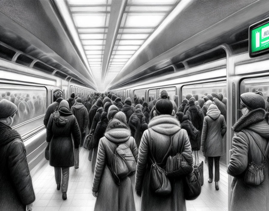 Crowded Black and White Subway Commute Scene