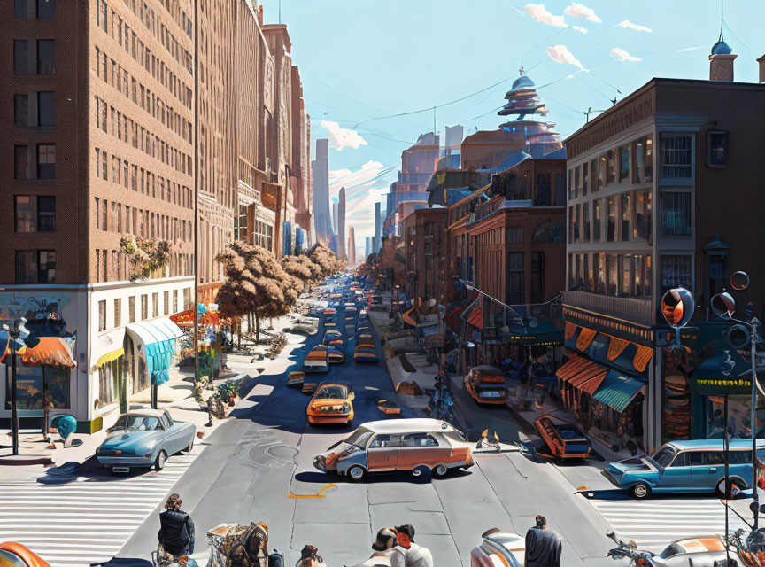 City street scene with cars, pedestrians, trees, and buildings under blue sky
