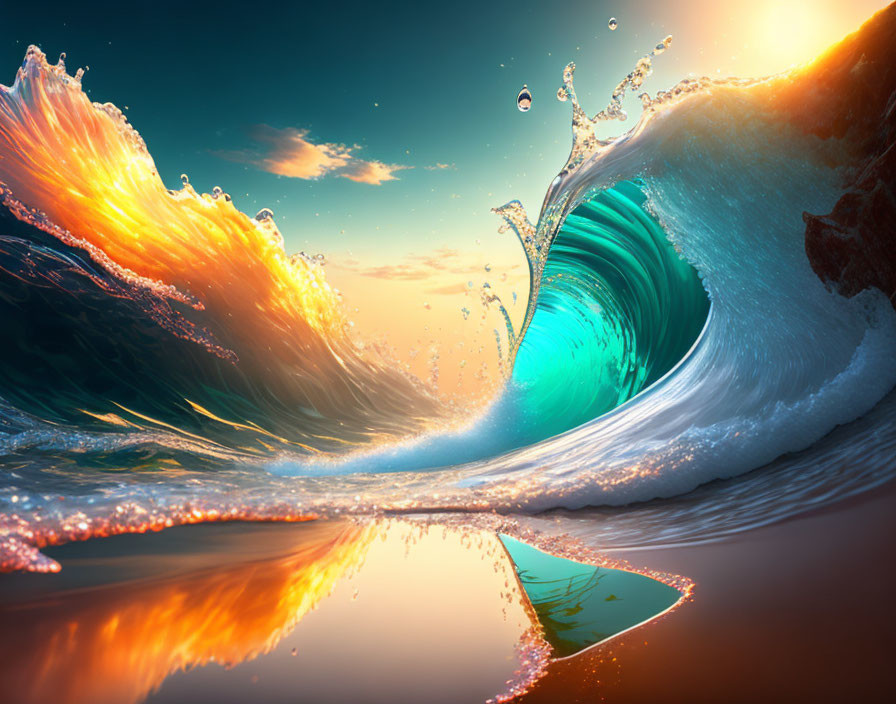 Vibrant digital image: fiery orange wave crest on beach at sunset