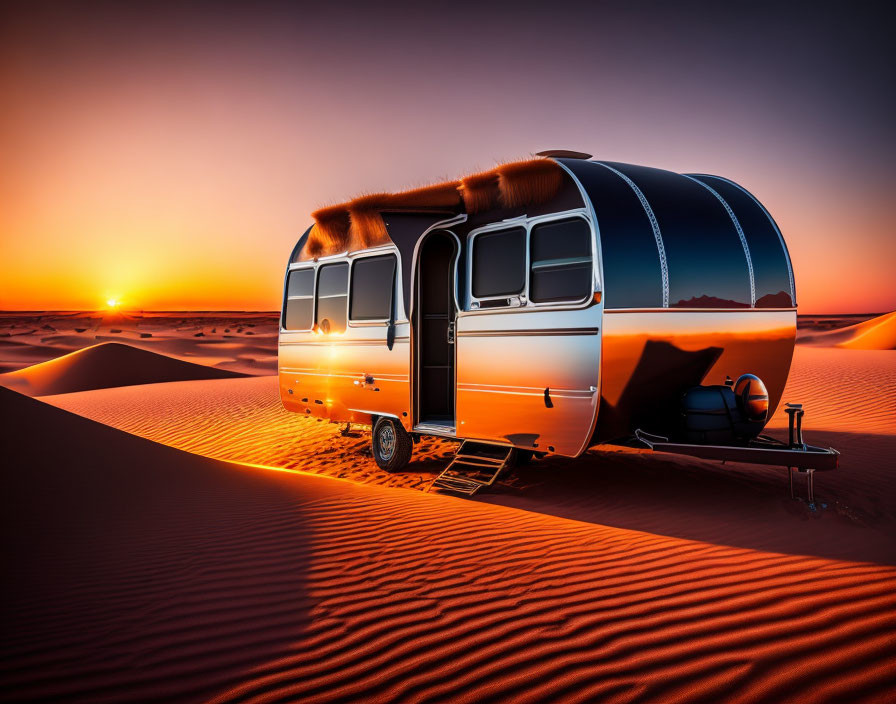 Shiny caravan on desert dunes under orange sunset sky