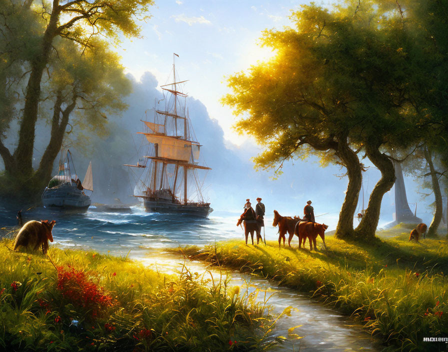 Tranquil riverside landscape with horseback riders, moored ships, and grazing animals