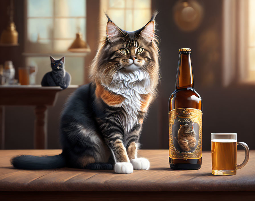 Digital artwork of fluffy cat on bar counter with beer bottle & glass, another cat in background