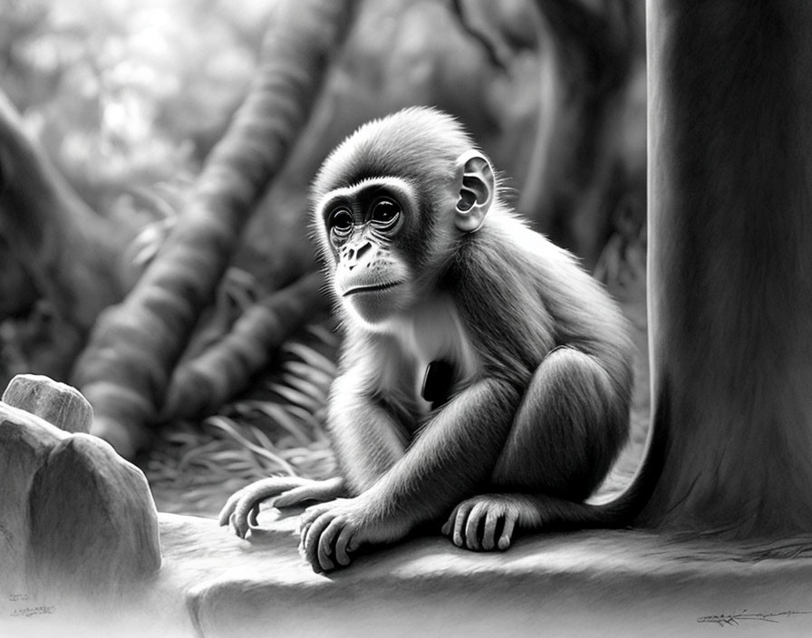 Young monkey in grayscale surrounded by lush jungle vegetation