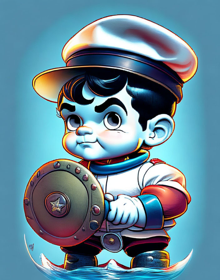 Whimsical cartoon illustration of a young sailor boy with shield