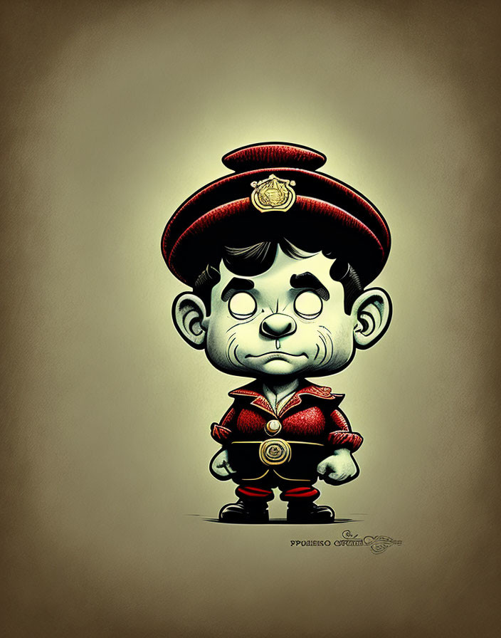 Stylized cartoon bellhop with large head and wide eyes in red uniform