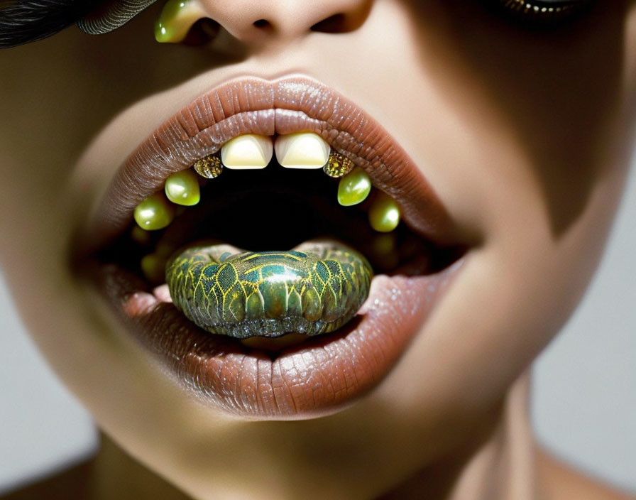 Detailed Close-Up of Glossy Green Lips with Snake Tongue and Fang-Like Teeth Caps