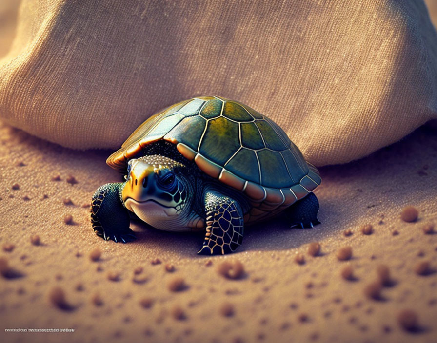 Detailed digital illustration: stylized turtle with intricate shell patterns on fabric cushion in sandy setting