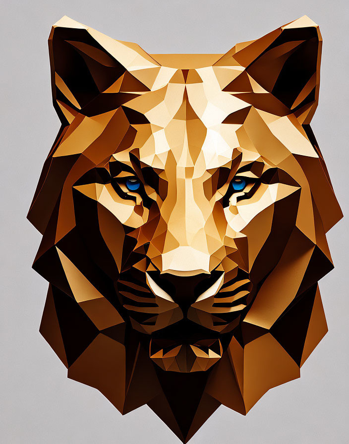 Geometric Lion's Head Illustration with Blue Eyes in Tan and Brown Palette