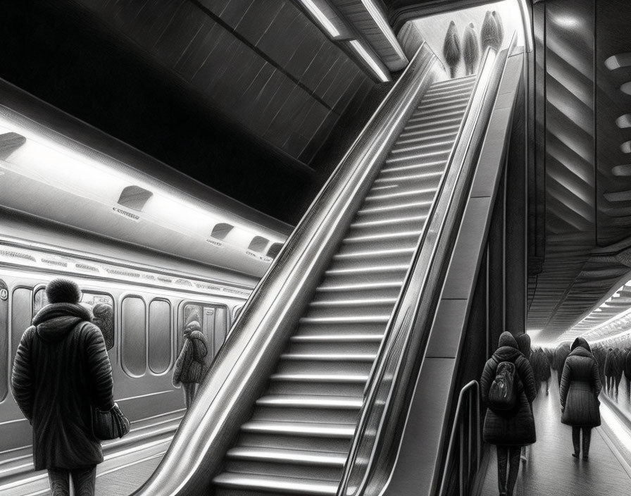 Monochrome sketch of people on subway platform with train, stairs, and escalators