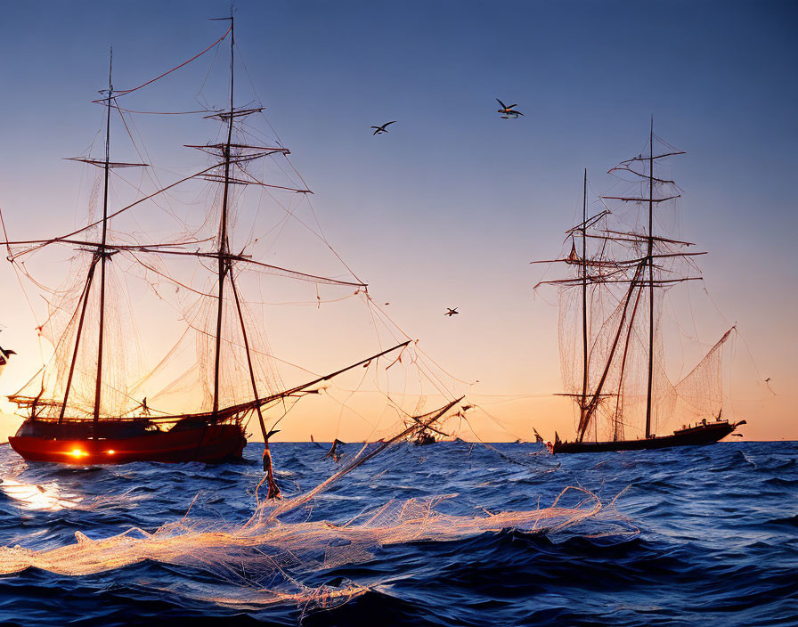 Silhouetted tall ships at sunset with flying seagulls