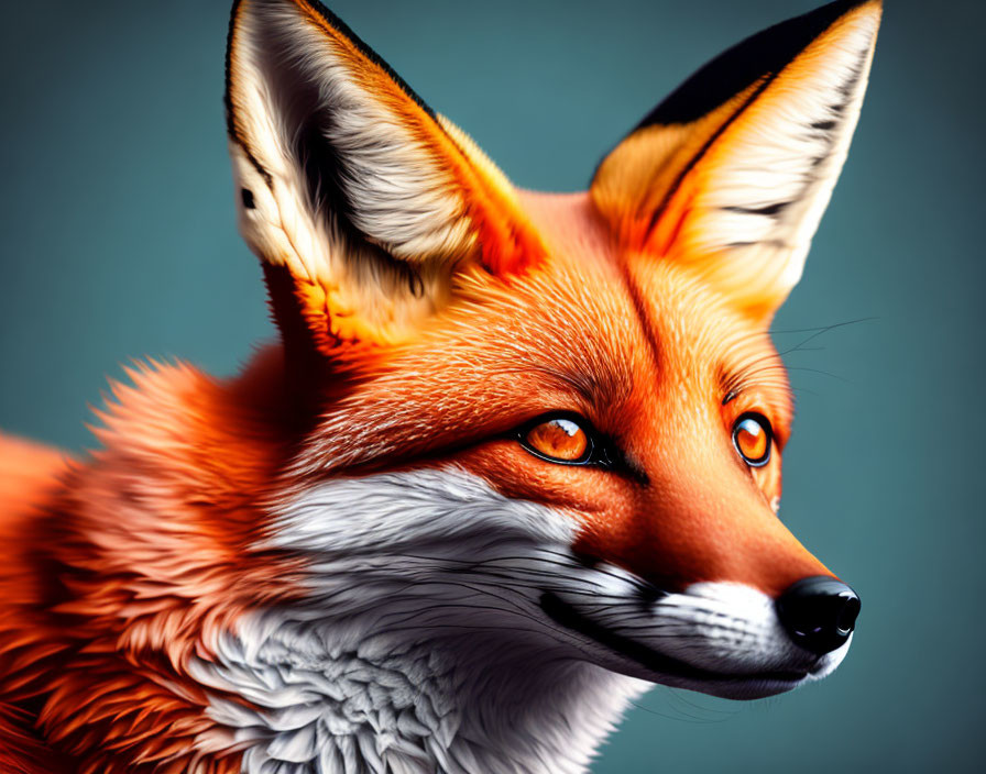 Vivid close-up of striking orange fox with sharp ears and amber eyes