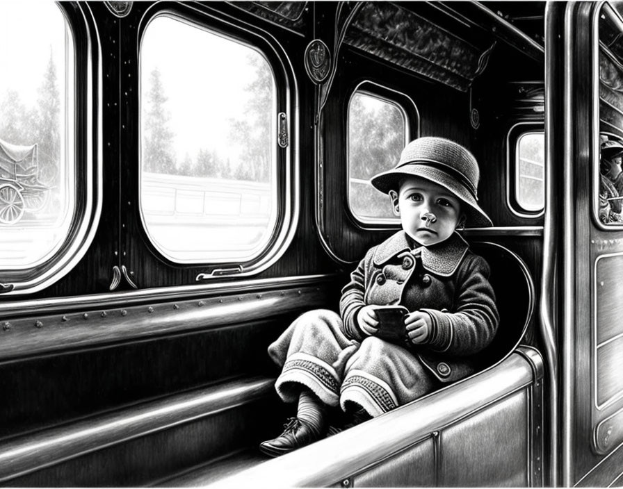 Monochrome illustration of toddler in vintage attire inside old train carriage