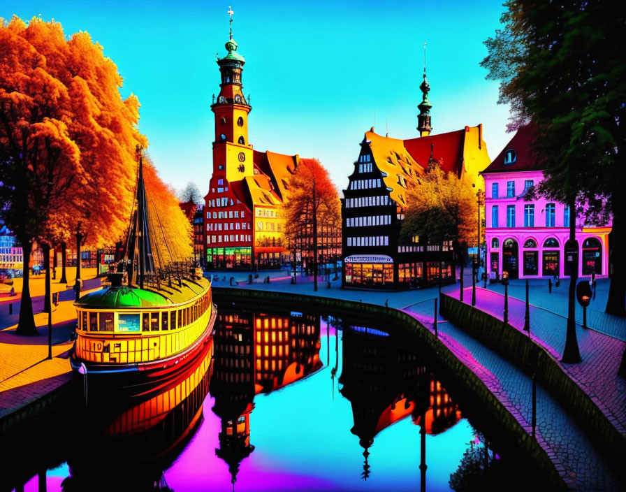 European Cityscape with Canal Boat and Historic Buildings