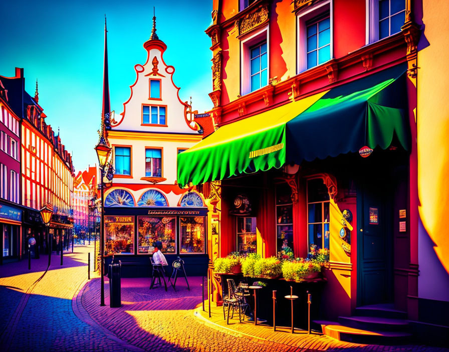 Colorful European-style buildings and outdoor cafe on vibrant cobblestone street