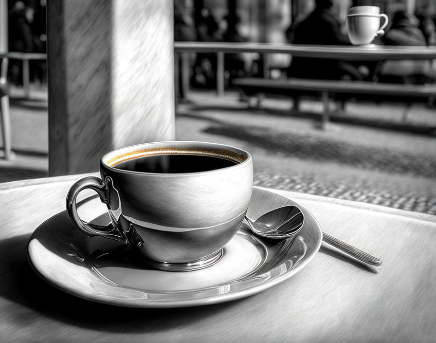 Monochrome image: Steaming cup of coffee on saucer with spoon, café setting.