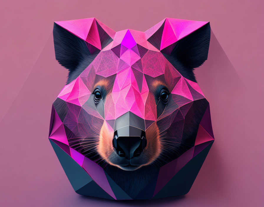 Vibrant geometric bear head illustration in pink and black colors