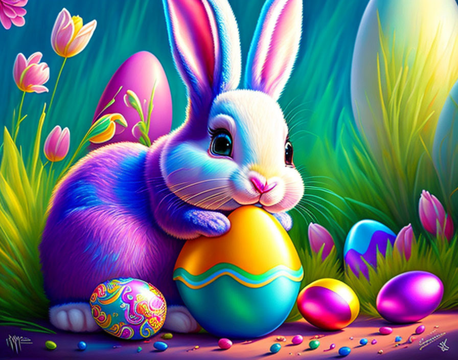 Cartoon rabbit with Easter egg in tulip field illustration