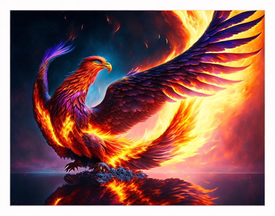Majestic phoenix with fiery wings rising from flames in cosmic scene