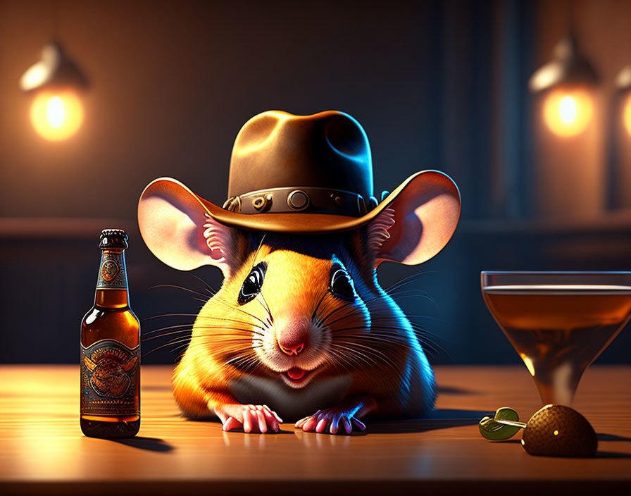 Animated mouse in cowboy hat at bar with beer and cocktail in warm lighting