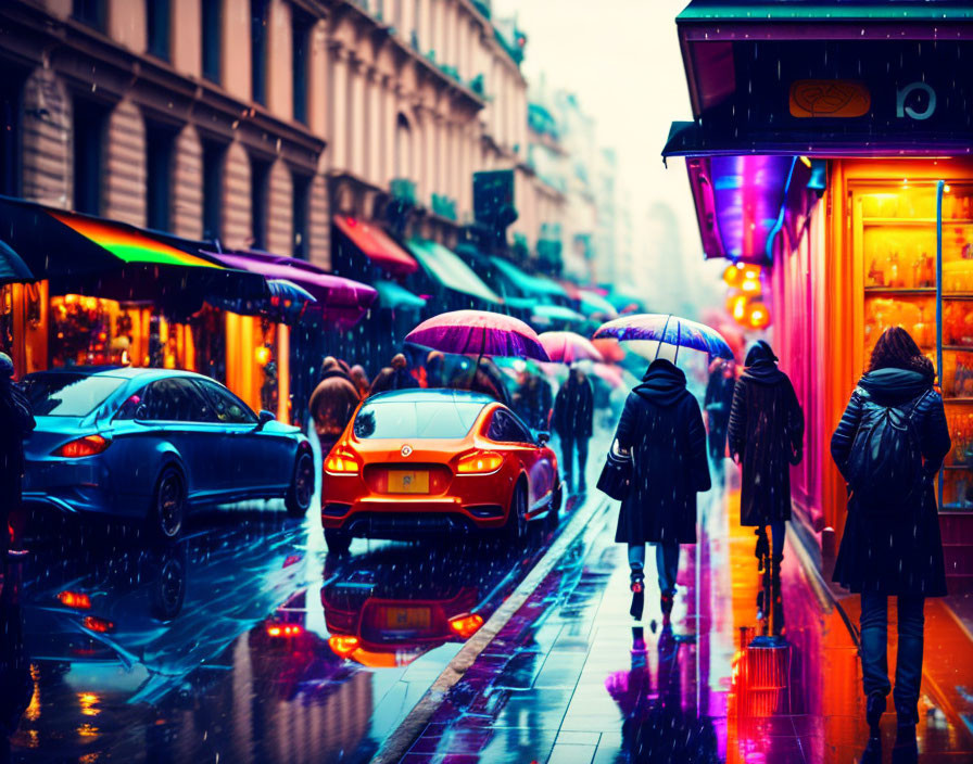 Urban street scene in rain: pedestrians with umbrellas, neon signs, wet pavement, cars