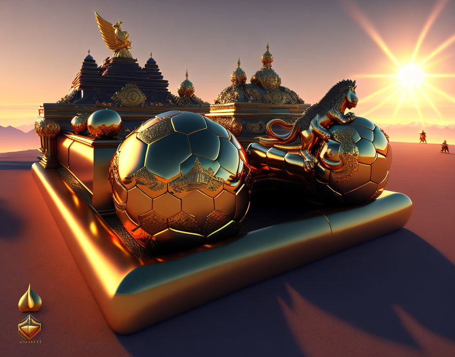 Golden dragon with soccer ball in desert sunset scene