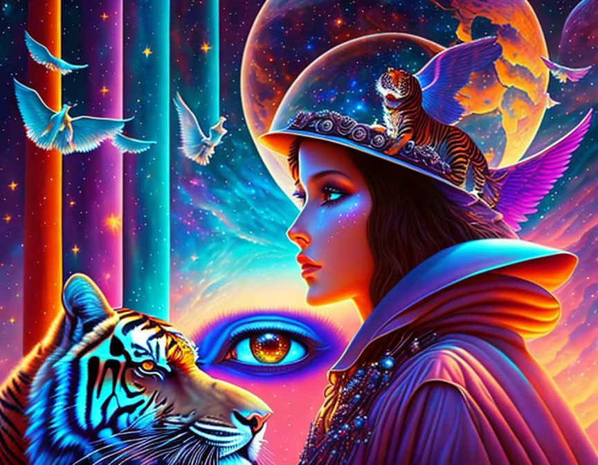 Digital Art: Woman in Space Helmet with Cosmic Tiger and Planets