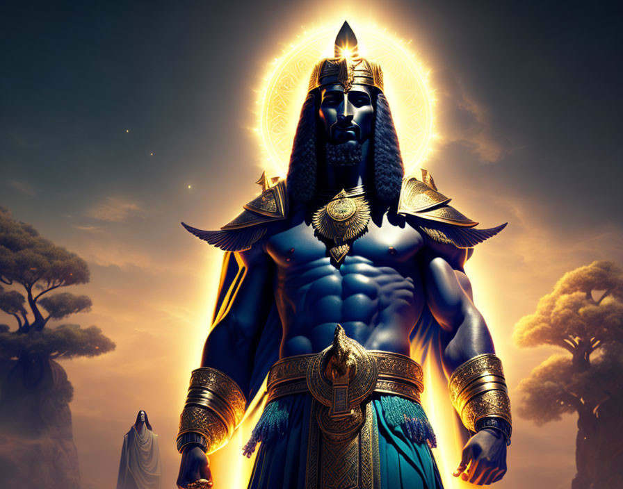 Majestic armored figure with blue skin in ancient regalia and radiant halo against twilight background with trees