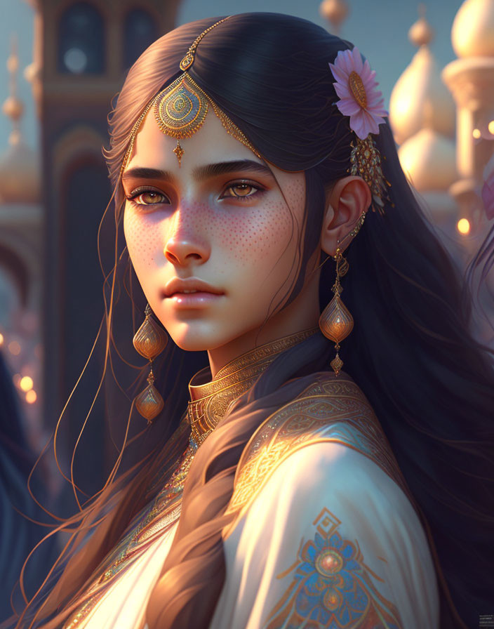 Detailed digital art portrait of young woman with gold jewelry and floral adornments against architectural backdrop