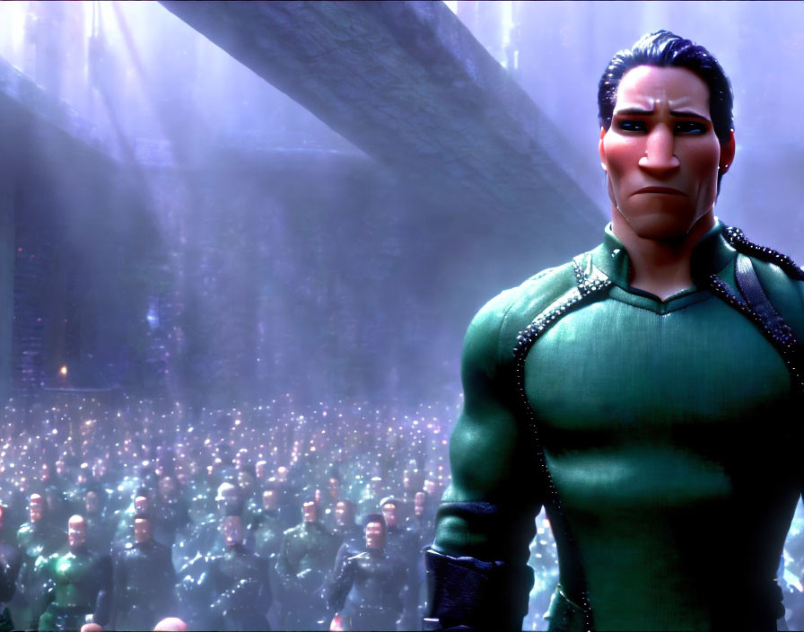 Dark-haired 3D animated character in green outfit among crowd in dimly lit hall